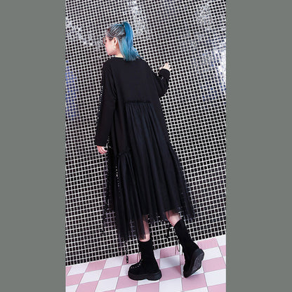 baggy black casual fall dresses patchwork tulle asymmetrical design women O neck Rivet knee dresses