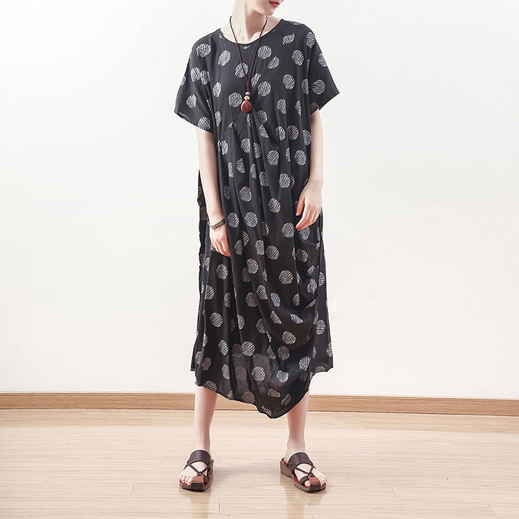 baggy black dotted linen blended caftans plus size O neck baggy dresses boutique short sleeve linen blended dresses