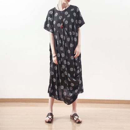 baggy black dotted linen blended caftans plus size O neck baggy dresses boutique short sleeve linen blended dresses