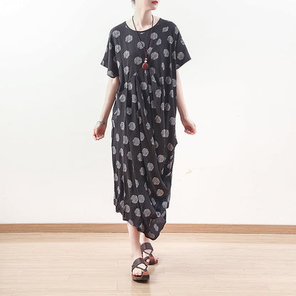 baggy black dotted linen blended caftans plus size O neck baggy dresses boutique short sleeve linen blended dresses
