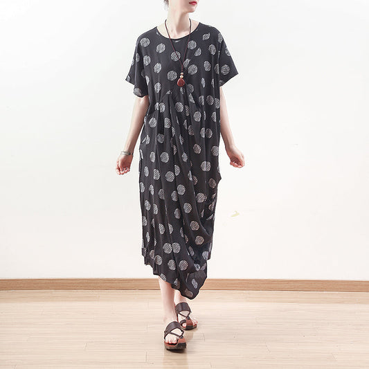 baggy black dotted linen blended caftans plus size O neck baggy dresses boutique short sleeve linen blended dresses