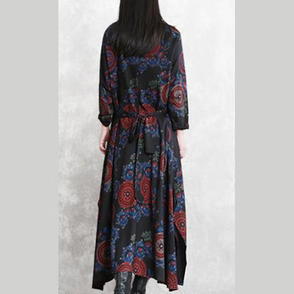 baggy black print natural cotton blended dress plus size clothing O neck pockets cotton blended gown boutique long sleeve tie waist autumn dress