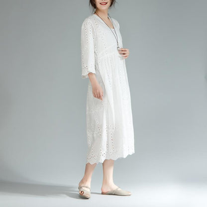 baggy cotton sundress plus size Two Pieces Set V Neck Three Quarter Sleeve White Dress