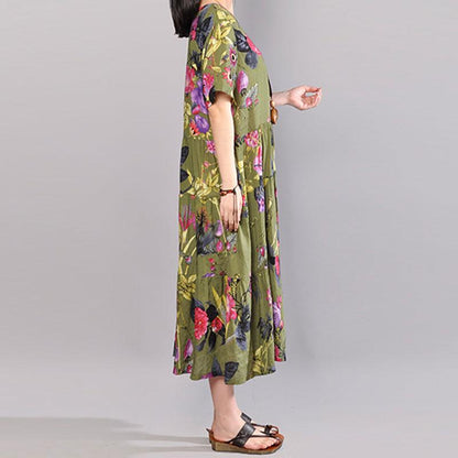 baggy cotton sundress plus size clothing Retro Printed Dresses Summer Short Sleeve Green Dress