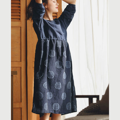 baggy dark blue dotted cotton linen dress trendy plus size o neck baggy dresses Fine long sleeve dresses