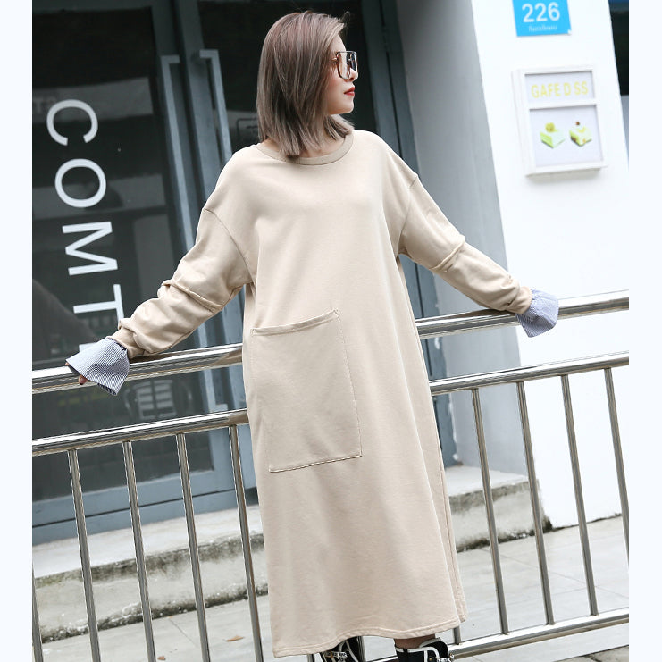 baggy khaki cotton caftans plus size clothing O neck traveling clothing 2018 pockets patchwork autumn dress