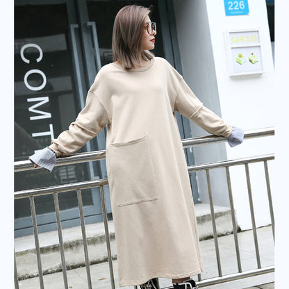 baggy khaki cotton caftans plus size clothing O neck traveling clothing 2018 pockets patchwork autumn dress