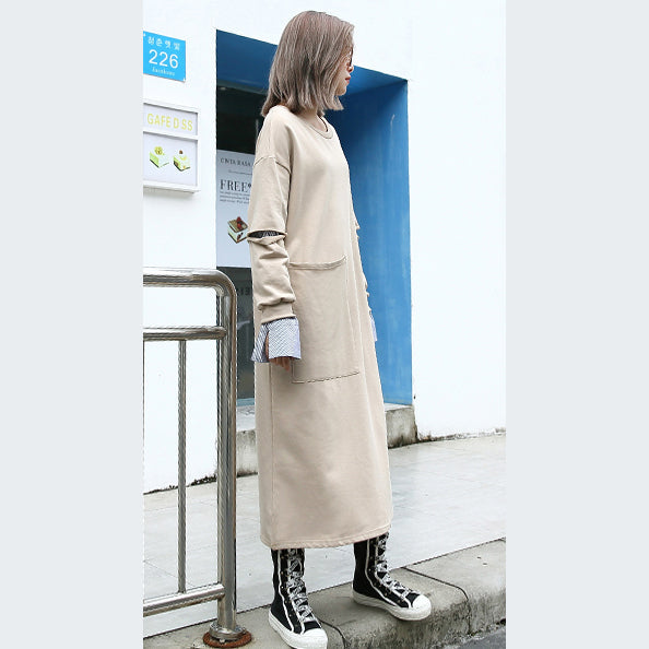 baggy khaki cotton caftans plus size clothing O neck traveling clothing 2018 pockets patchwork autumn dress