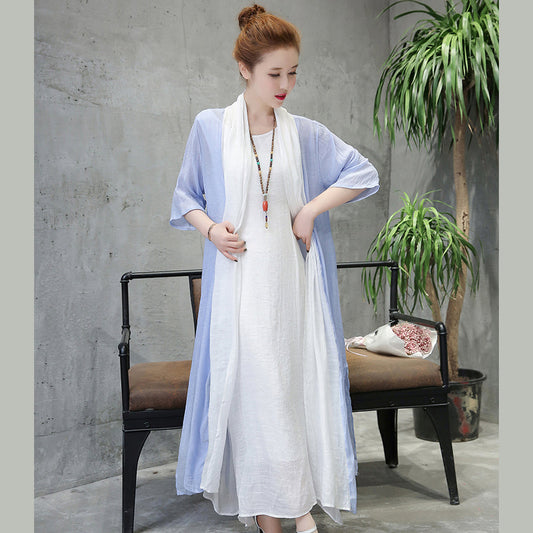 baggy light blue linen dresses plus size clothing Half sleeve cotton dress fine o neck linen clothing dress
