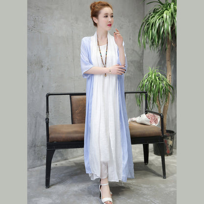 baggy light blue linen dresses plus size clothing Half sleeve cotton dress fine o neck linen clothing dress