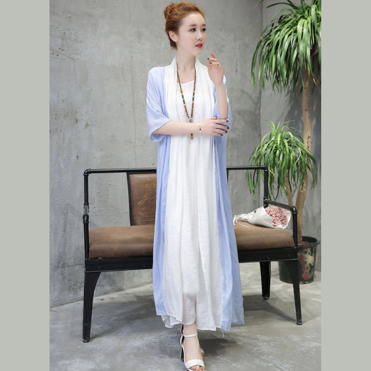 baggy light blue linen dresses plus size clothing Half sleeve cotton dress fine o neck linen clothing dress