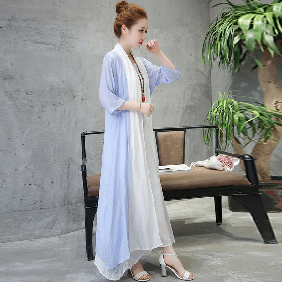 baggy light blue linen dresses plus size clothing Half sleeve cotton dress fine o neck linen clothing dress