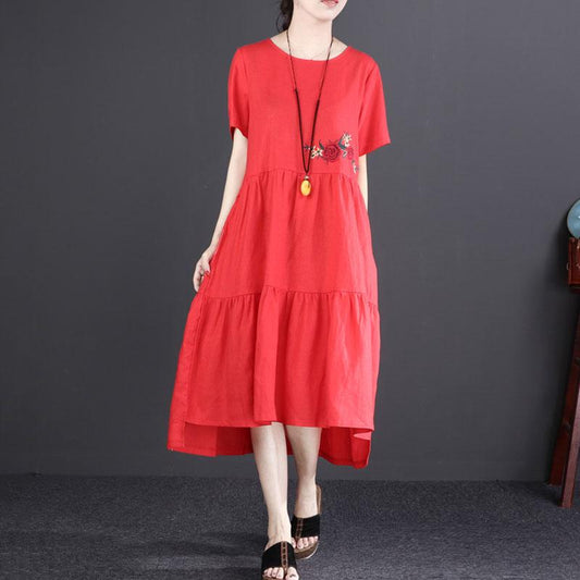 baggy linen sundress stylish Short Sleeve Embroidered Flax Irregular Red Dress