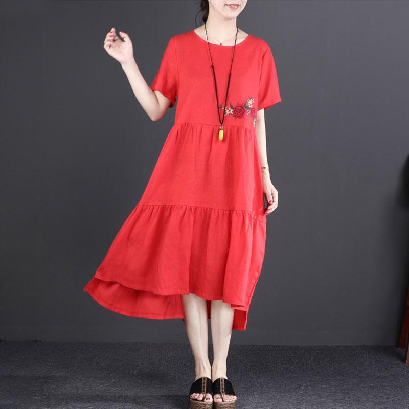 baggy linen sundress stylish Short Sleeve Embroidered Flax Irregular Red Dress