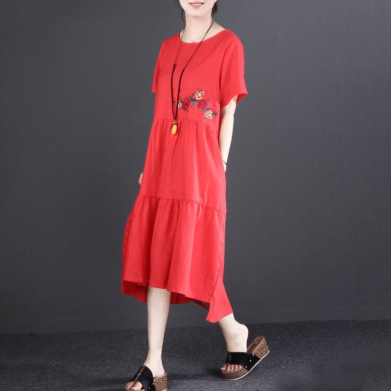 baggy linen sundress stylish Short Sleeve Embroidered Flax Irregular Red Dress
