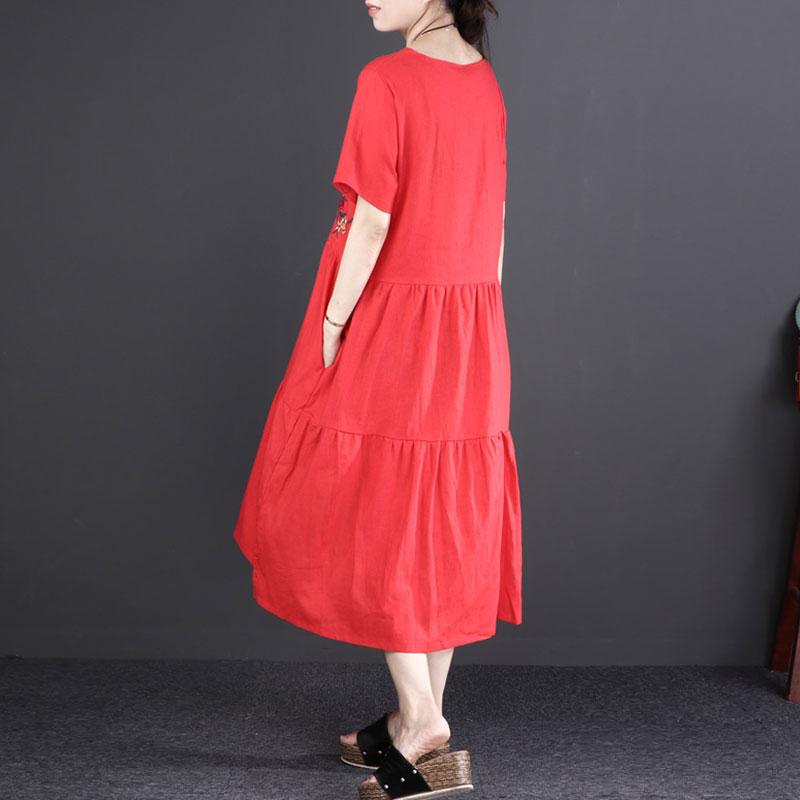 baggy linen sundress stylish Short Sleeve Embroidered Flax Irregular Red Dress
