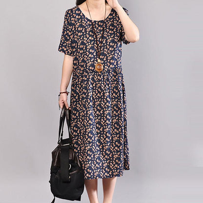 baggy long cotton dress oversized Floral Printed Dresses Summer Round Neck Short Sleeve Dress