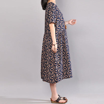 baggy long cotton dress oversized Floral Printed Dresses Summer Round Neck Short Sleeve Dress
