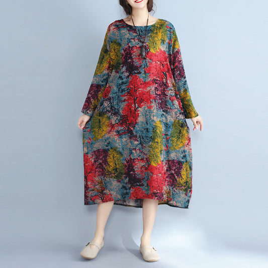 Baggy Multi-Color Natural Linen Dress Plus Size Prints Gown Fine O Neck Caftans