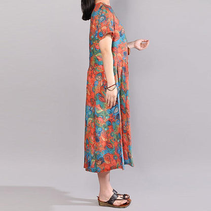 baggy natural cotton dress Loose fitting Short Sleeve Printed Summer Round Neck Dress