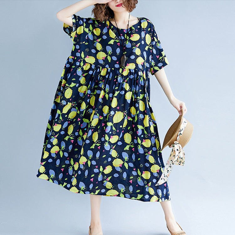 baggy navy print long cotton linen dresses plus size short sleeve print baggy dresses long Fine v neck linen cotton dress