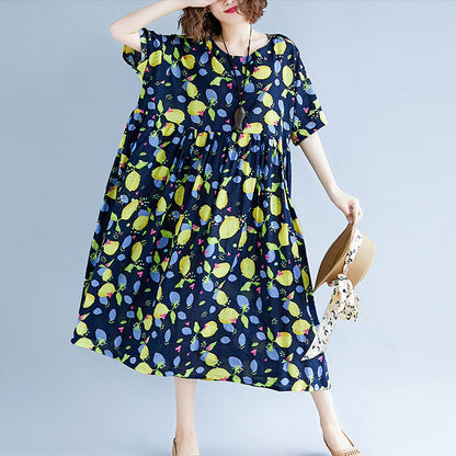 baggy navy print long cotton linen dresses plus size short sleeve print baggy dresses long Fine v neck linen cotton dress
