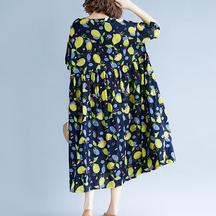 baggy navy print long cotton linen dresses plus size short sleeve print baggy dresses long Fine v neck linen cotton dress