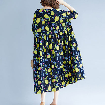 baggy navy print long cotton linen dresses plus size short sleeve print baggy dresses long Fine v neck linen cotton dress