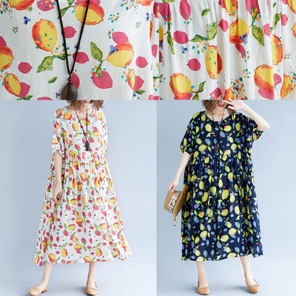 baggy navy print long cotton linen dresses plus size short sleeve print baggy dresses long Fine v neck linen cotton dress