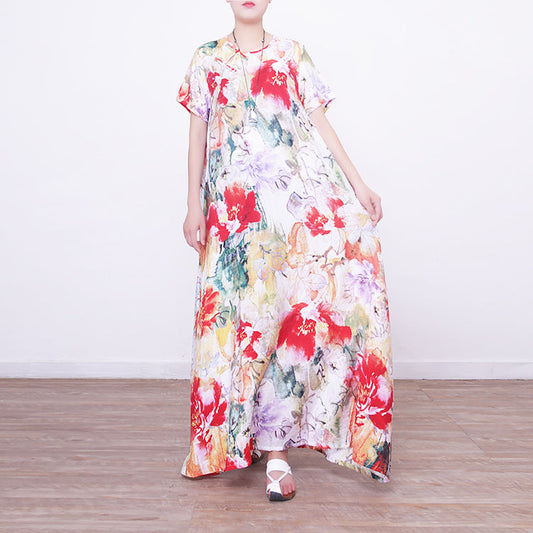 baggy prints long linen dresses casual oversized o neck linen gown boutique Chinese Button long dresses