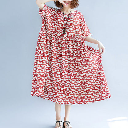 baggy red long cotton linen dresses trendy plus size short sleeve baggy dresses fine o neck caftans