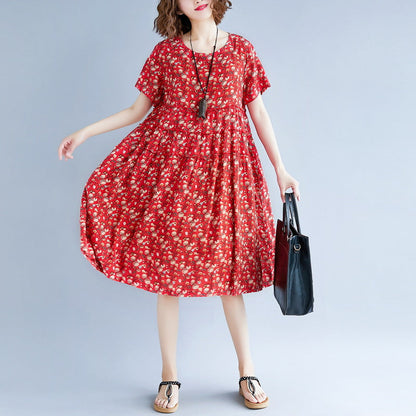 baggy red print cotton linen dresses plus size clothing short sleeve dresses boutique o neck baggy dresses