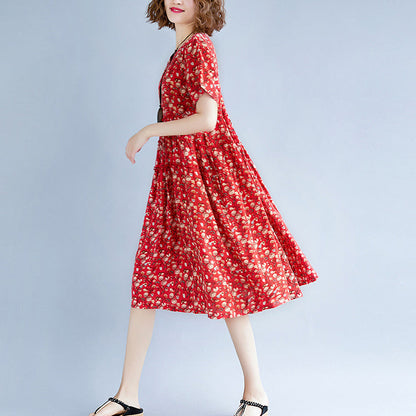 baggy red print cotton linen dresses plus size clothing short sleeve dresses boutique o neck baggy dresses