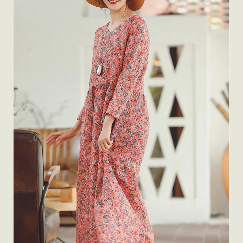 baggy red print linen dress plus size clothing holiday dresses vintage long sleeve baggy dresses O neck midi dress