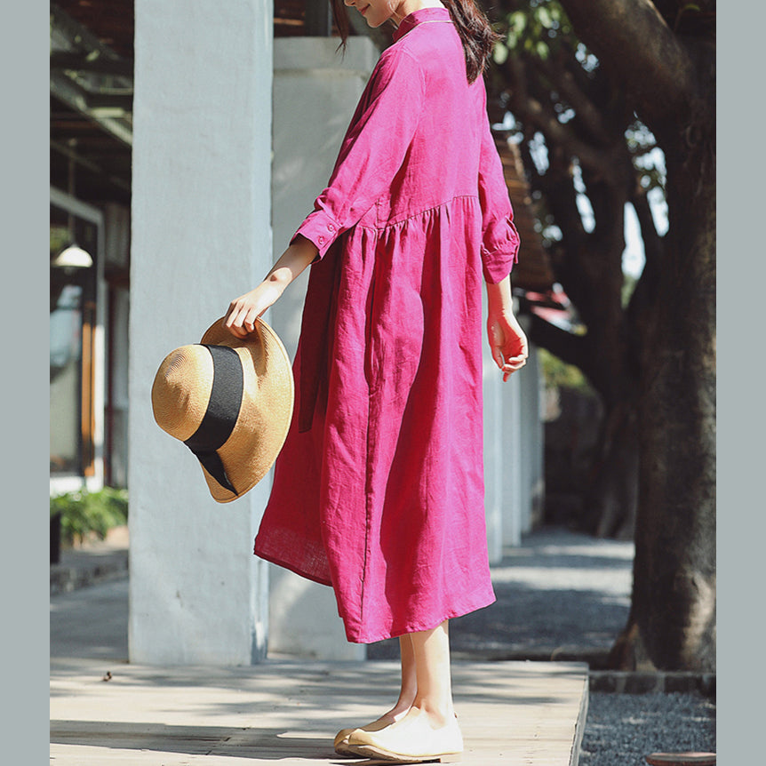 baggy rose cotton linen dress casual Stand cotton linen clothing dress New Three Quarter sleeve baggy dresses