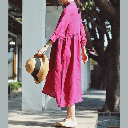 baggy rose cotton linen dress casual Stand cotton linen clothing dress New Three Quarter sleeve baggy dresses