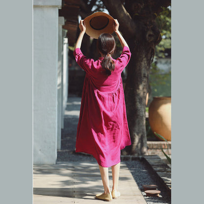 baggy rose cotton linen dress casual Stand cotton linen clothing dress New Three Quarter sleeve baggy dresses