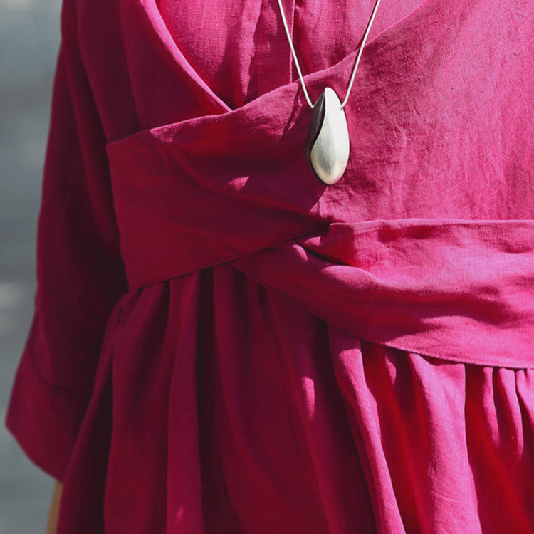 baggy rose cotton linen dress casual Stand cotton linen clothing dress New Three Quarter sleeve baggy dresses