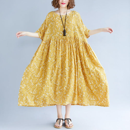 baggy yellow cotton linen dresses plus size print short sleeve long dresses fine o neck baggy dresses linen clothing dress
