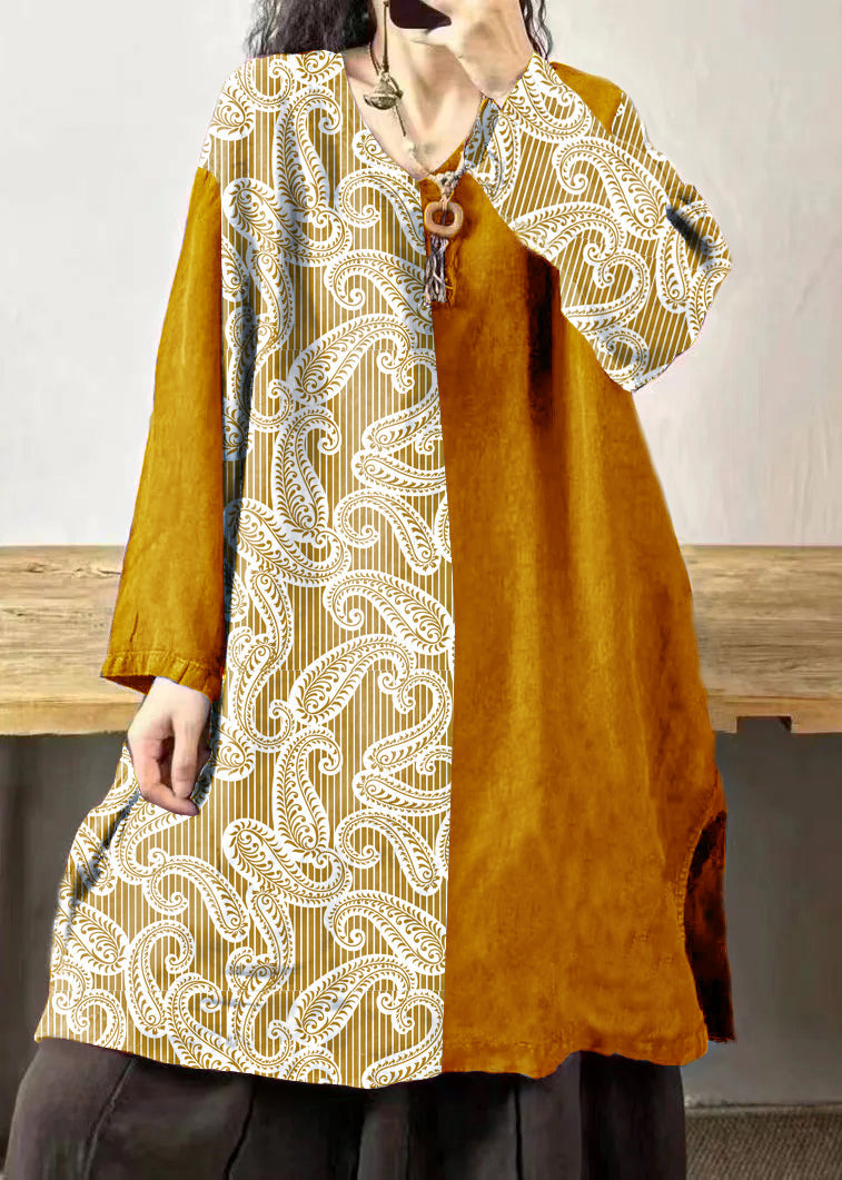 Vintage Yellow stripes V Neck Embroidered Patchwork Linen Mid Dresses Fall