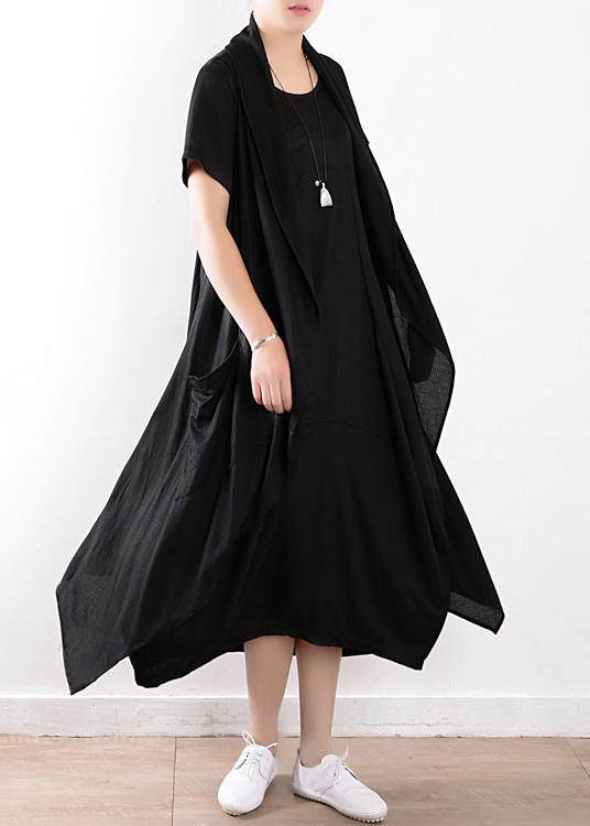 black fashion two pieces linen sleeve mid cardigan loose short sleeve maxi dress - SooLinen