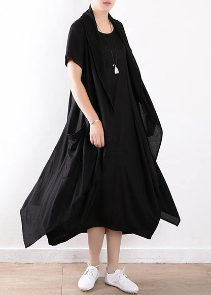 black fashion two pieces linen sleeve mid cardigan loose short sleeve maxi dress - SooLinen