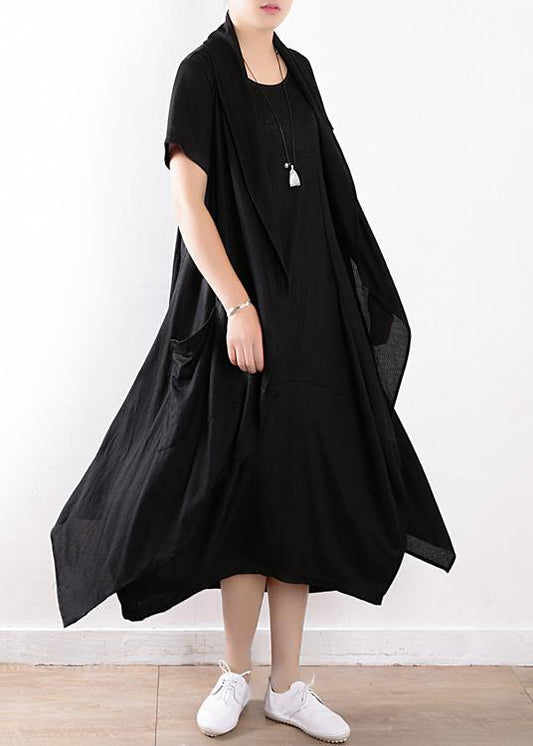 black fashion two pieces linen sleeve mid cardigan loose short sleeve maxi dress - SooLinen