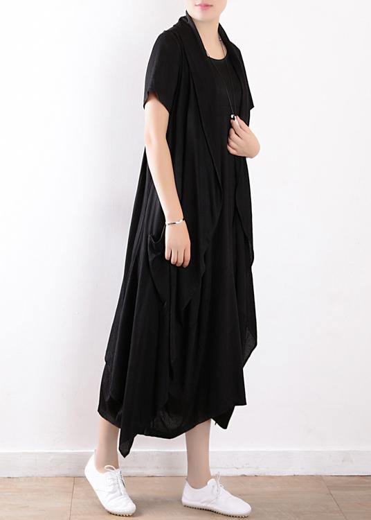 black fashion two pieces linen sleeve mid cardigan loose short sleeve maxi dress - SooLinen