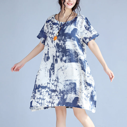 blue linen knee dress Loose fitting linen clothing dress fine prints o neck short sleeve linen dresses