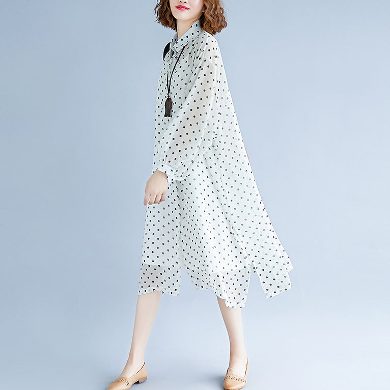 bohemian style white maxi dresses Turn-down Collar long sleeve prom dress dotted baggy dresses maxi dress