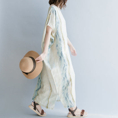 boutique beige cotton linen dress casual O neck baggy dresses cotton linen dresses 2018 batwing Sleeve Extra large hem gown