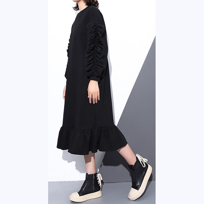 boutique black autumn cotton dress trendy plus size O neck cotton clothing dress 2018 long sleeve Cinched maxi dresses