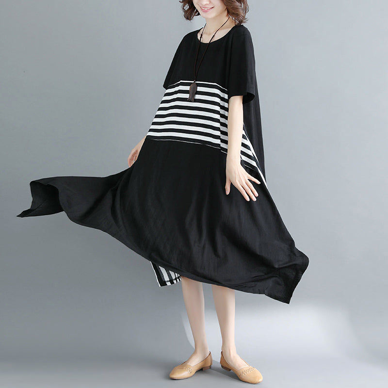 boutique black cotton knee dress Loose fitting cotton clothing dresses fine short sleeve O neck asymmetrical design knee dresses