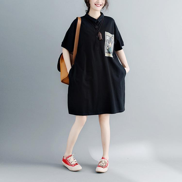 boutique black natural cotton dress oversized cotton dress Elegant short sleeve Turn-down Collar clothing dress